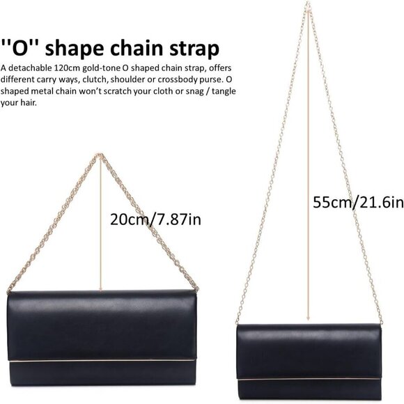 Women Black Vegan Leather Chain Crossbody Clutch Envelope Evening Bag for Party - Picture 5 of 9
